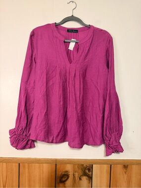 Ella Blue Magenta Split V-Neck Peasant Blouse